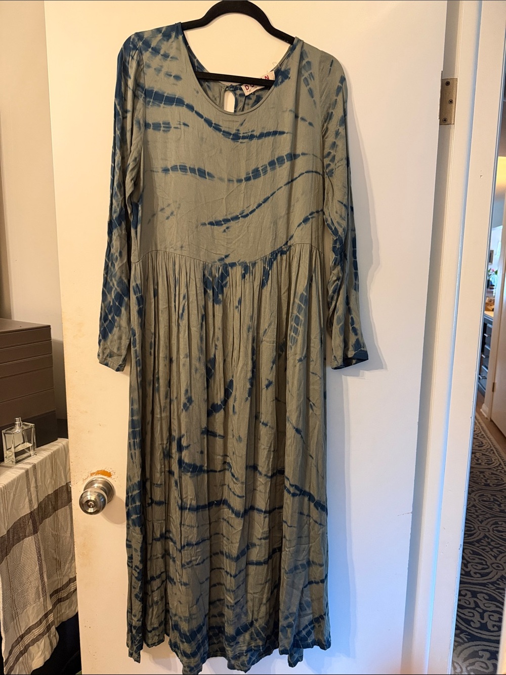dolan Olive and Blue Long Sleeve Tie-Dye Maxi Dress